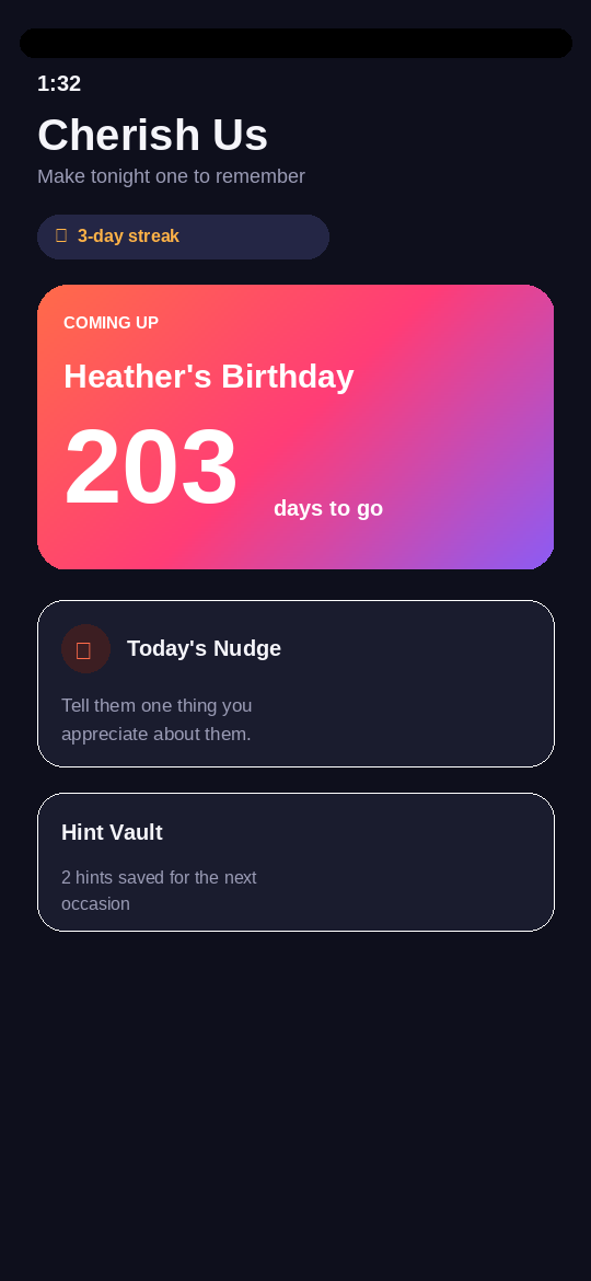 Cherish Us home screen showing a countdown to Heather's birthday
