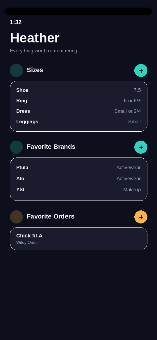 Partner profile with sizes, favorite brands and orders